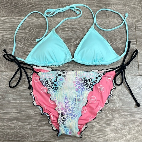 Victoria’s Secret Triangle Top PINK Ruched Ruffle Side Tie Bottom Leopard Blue M - Picture 1 of 15
